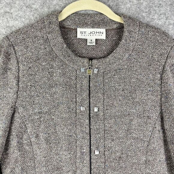 St John Sweater Wool Blend Cardigan Womens 8 Taupe Fleck Full Zip Beaded Blazer - Picture 2 of 16